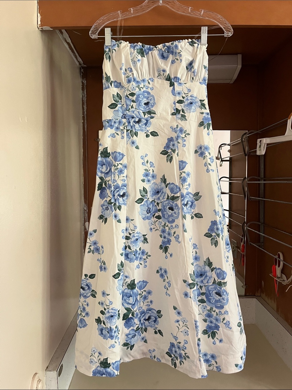 wild fable Cream Strapless Midi Dress with Blue Floral Print